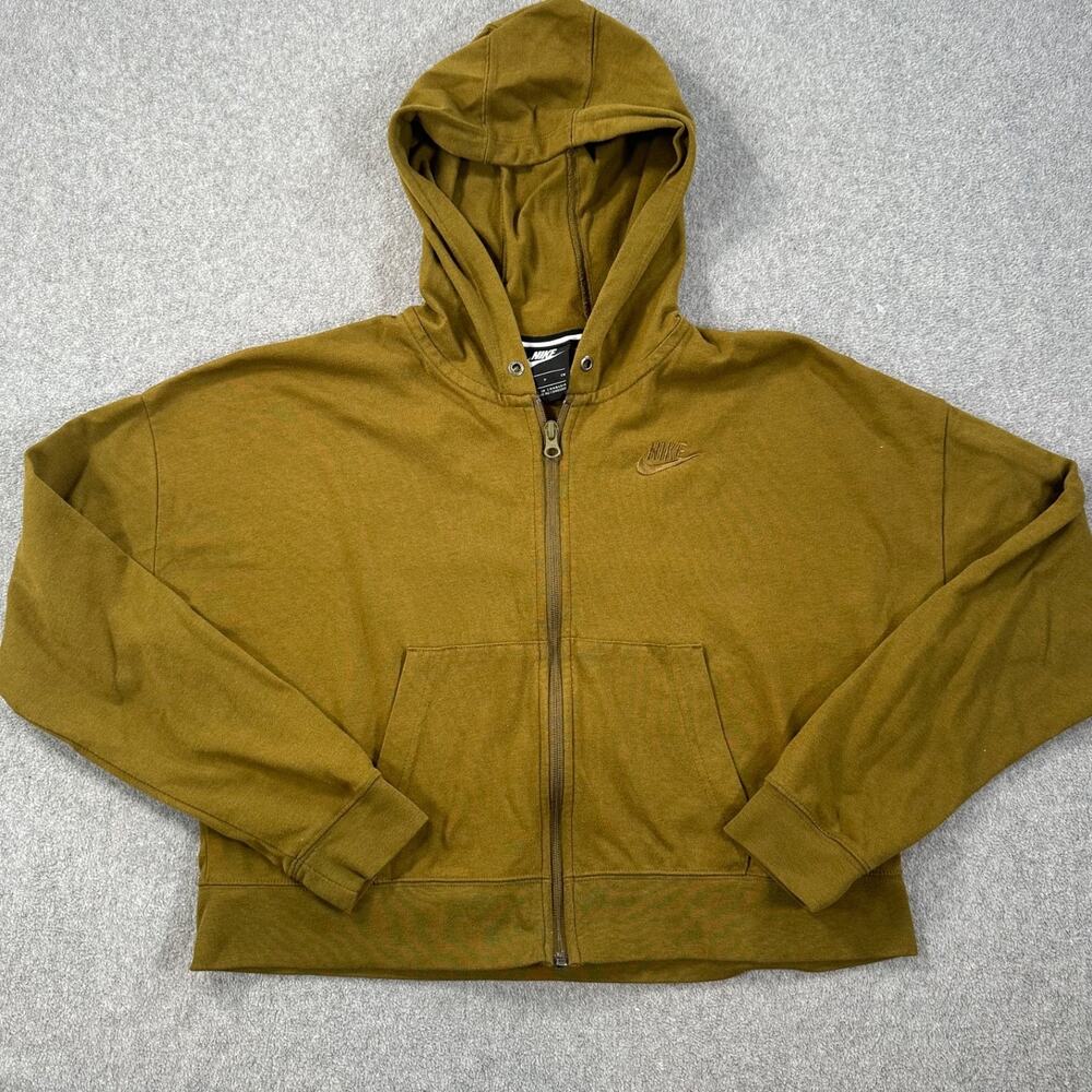 Nike Cropped Full Zip Hoodie Jacket Women's Small Olive Green Pocket Active